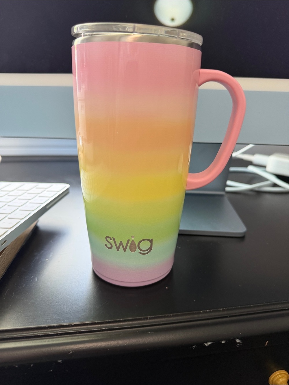 Swig Pastel Rainbow Travel Mug with Pink Handle